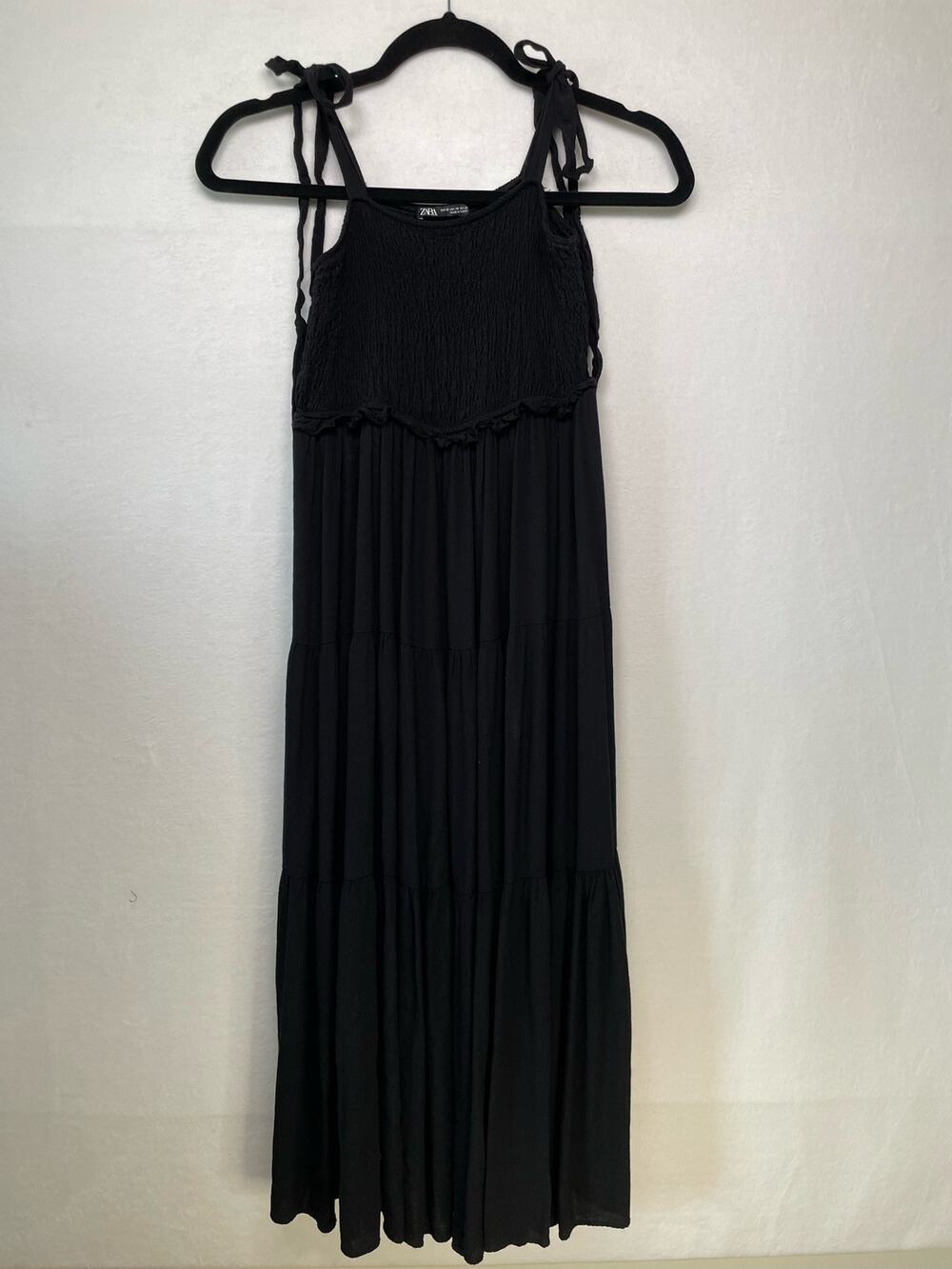 Zara Black Smocked Tank Tiered Maxi Dress, Size XS
